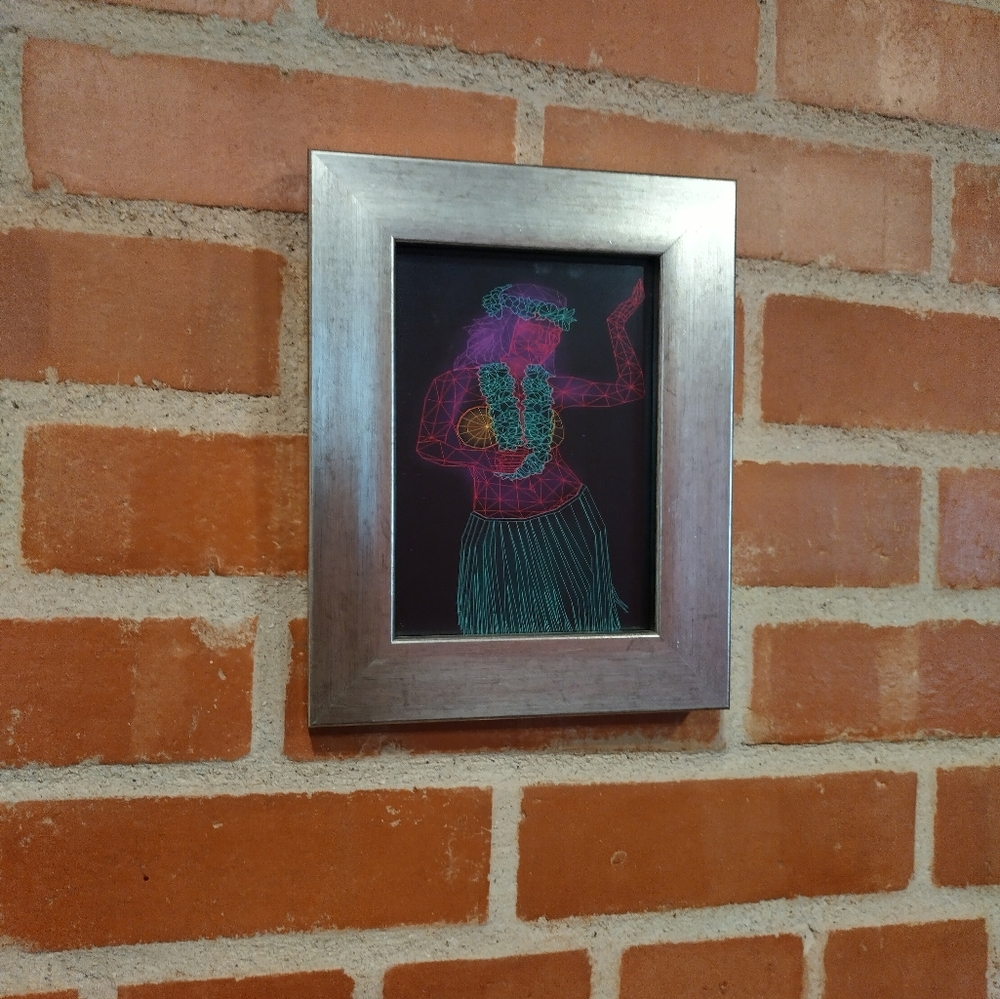 Framed Neon Hula Girl Art Print - Black Background, Multicolor